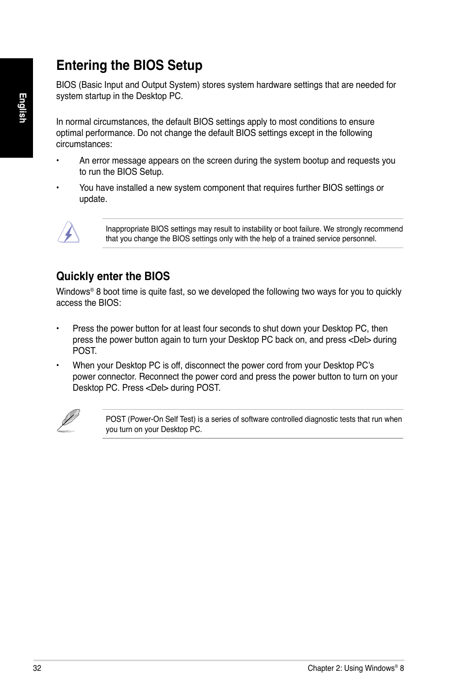 Entering the bios setup, Quickly enter the bios | Asus CG8480 User Manual | Page 32 / 98