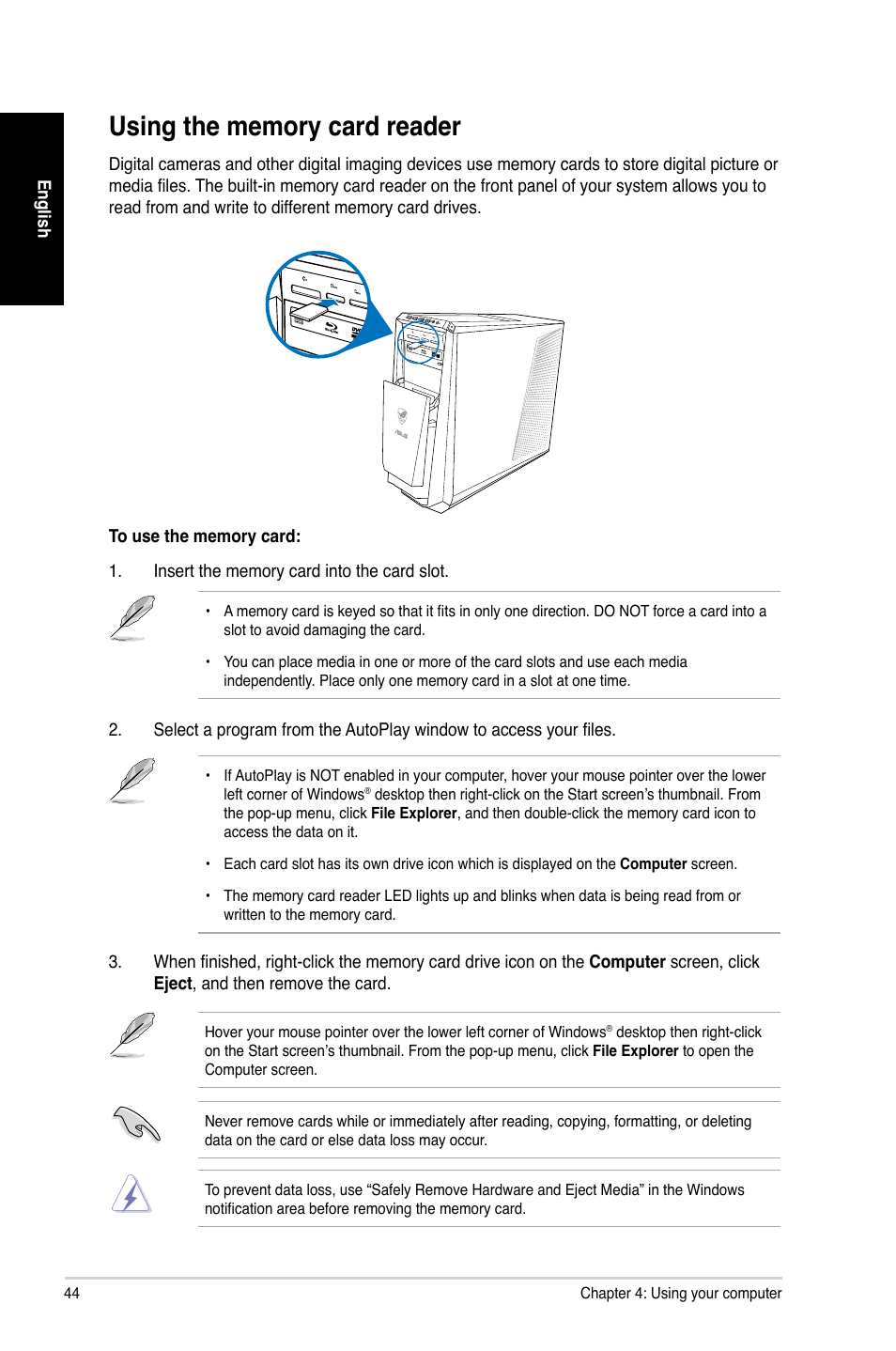 Using the memory card reader | Asus CG8480 User Manual | Page 44 / 98