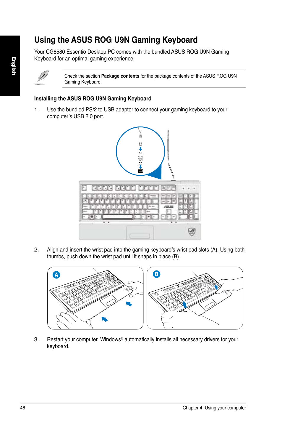 Using the asus rog u9n gaming keyboard | Asus CG8480 User Manual | Page 46 / 98