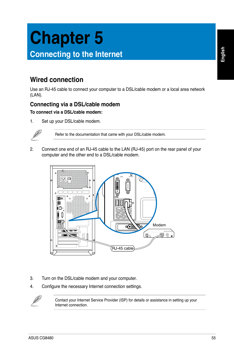 Chapter 5, Connecting to the internet, Wired connection | Connecting via a dsl/cable modem | Asus CG8480 User Manual | Page 55 / 98