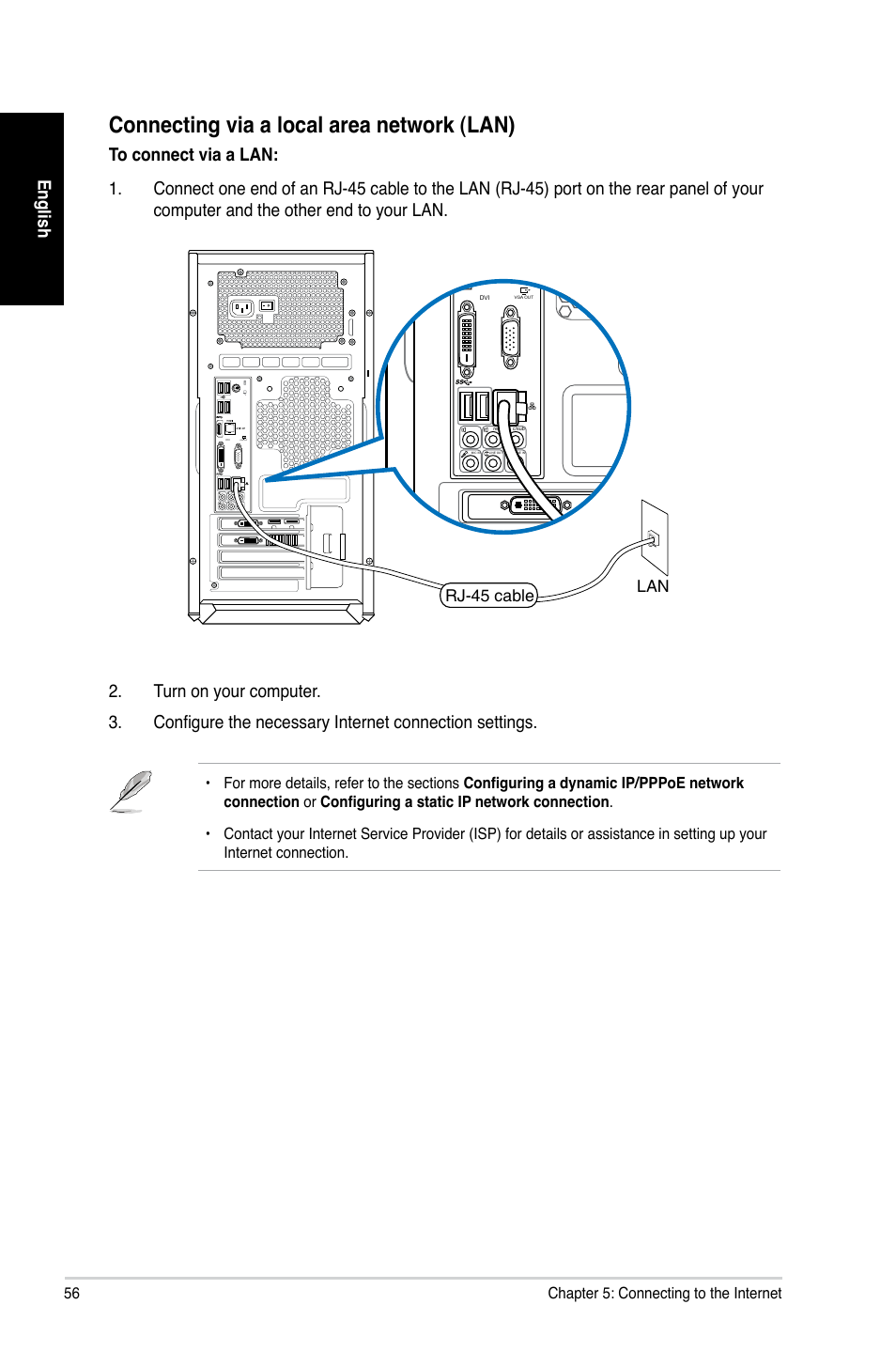 Connecting via a local area network (lan), English, Rj-45 cable lan | Asus CG8480 User Manual | Page 56 / 98