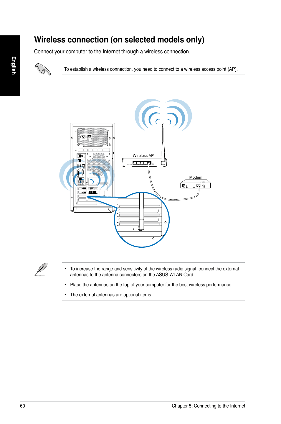 Wireless connection (on selected models only) | Asus CG8480 User Manual | Page 60 / 98