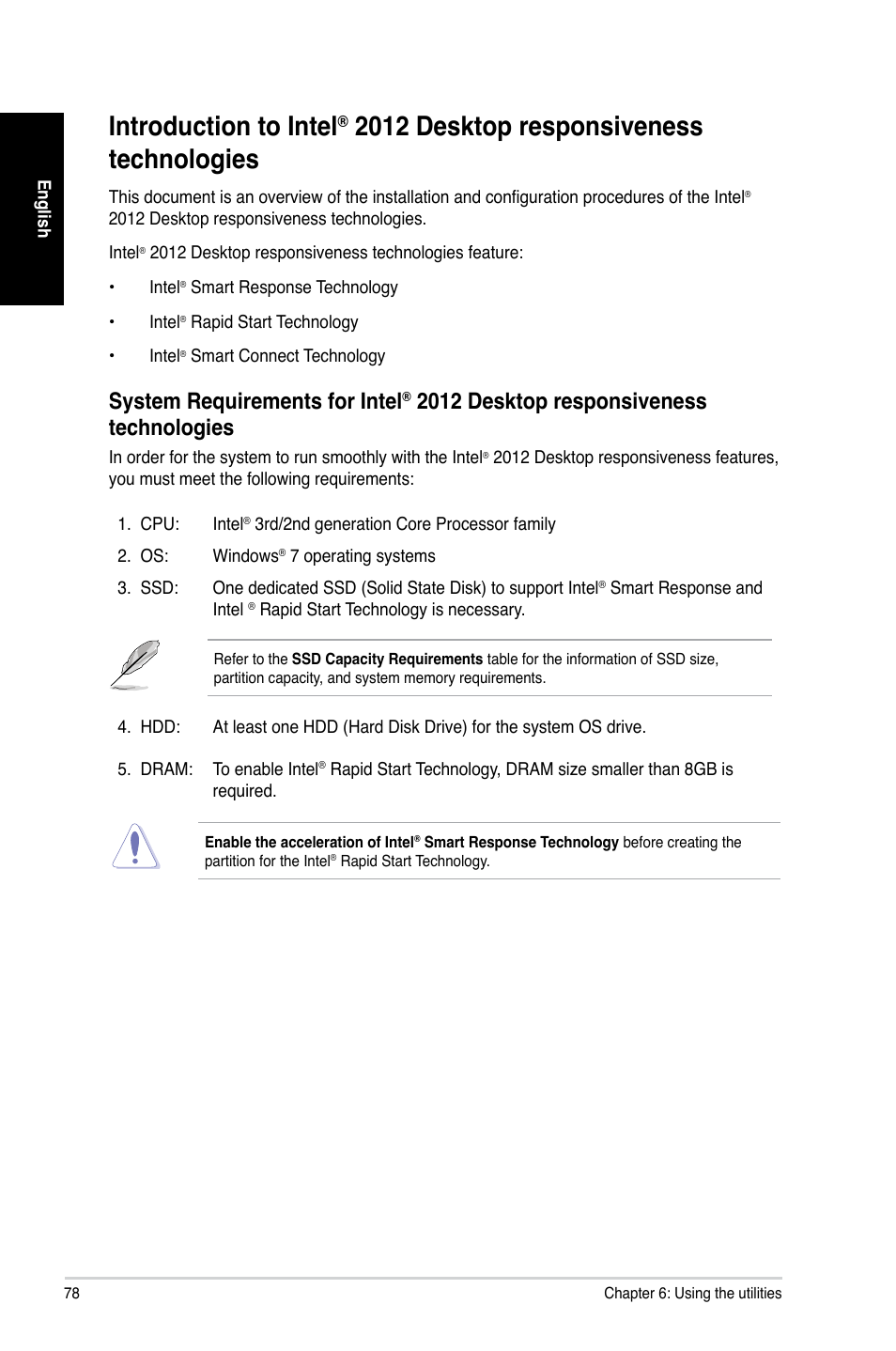 Introduction to intel, 01 desktop responsiveness technologies, 2012 desktop responsiveness technologies | System requirements for intel | Asus CG8480 User Manual | Page 78 / 98