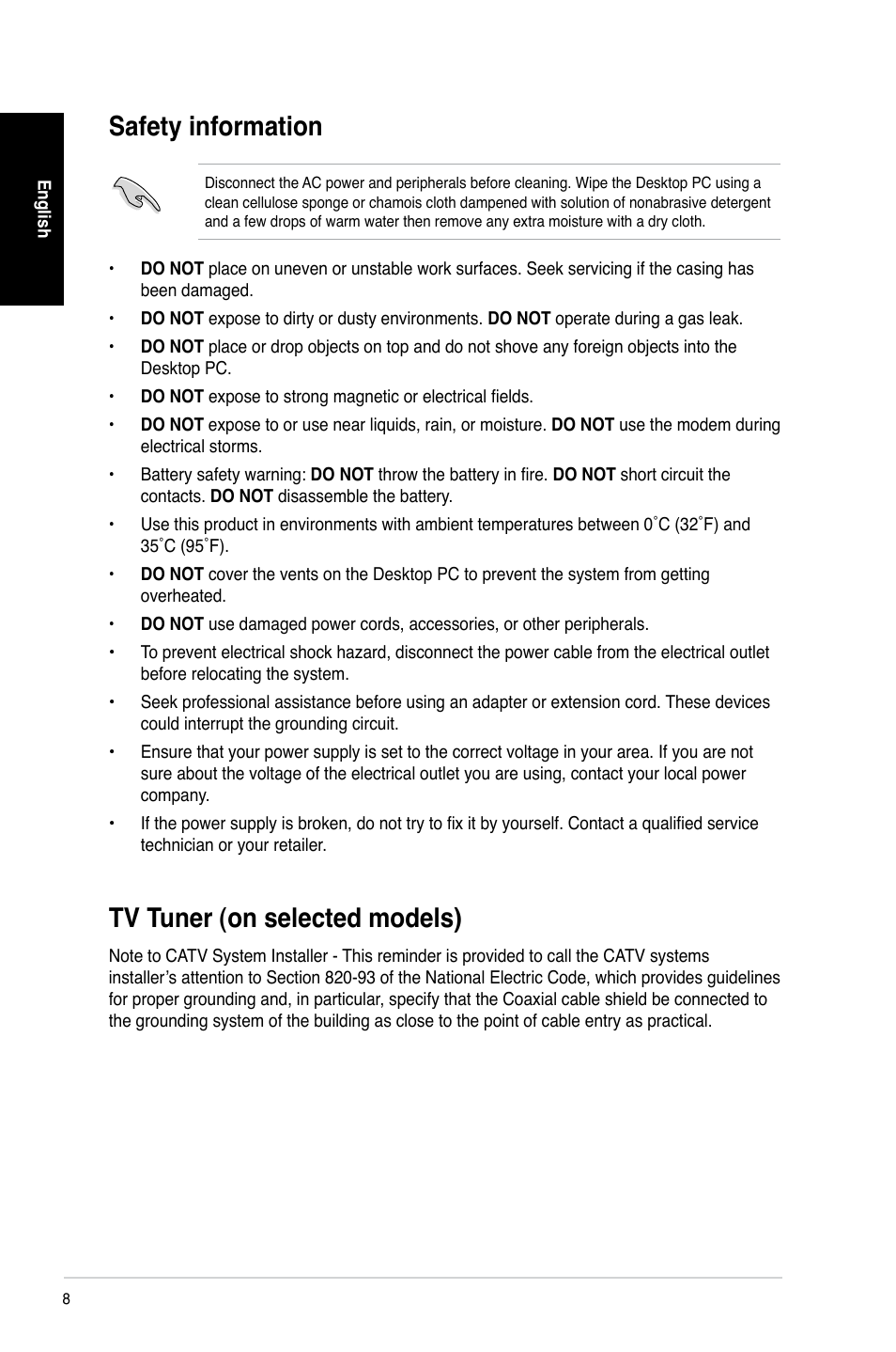 Safety information, Tv tuner (on selected models), Safety information tv tuner (on selected models) | Asus CG8480 User Manual | Page 8 / 98