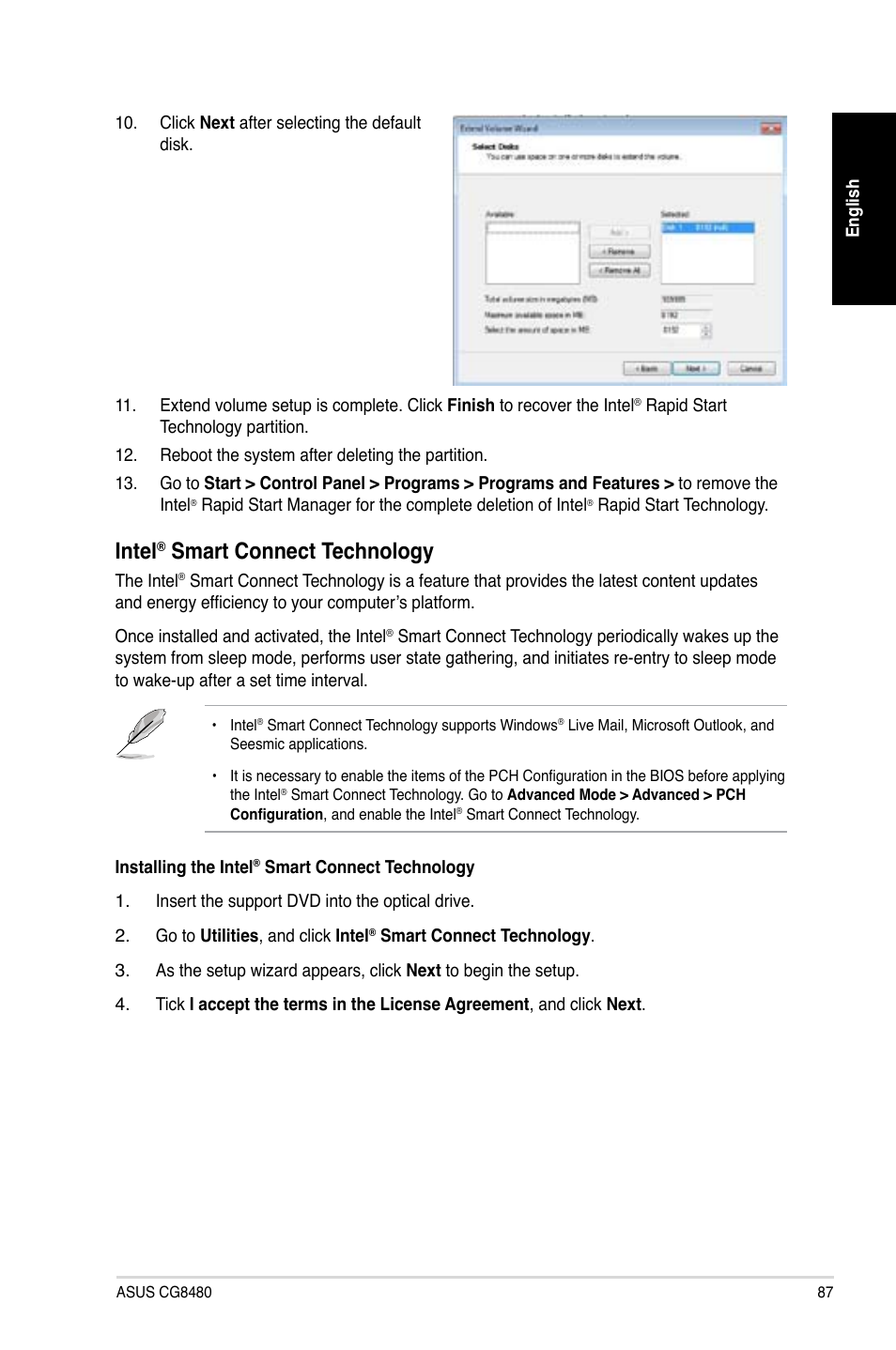 Intel, Smart connect technology | Asus CG8480 User Manual | Page 87 / 98