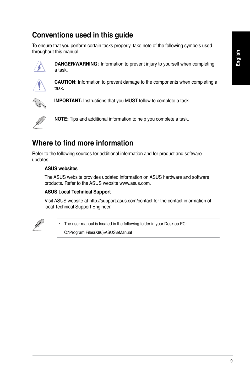 Conventions used in this guide, Where to find more information | Asus CG8480 User Manual | Page 9 / 98