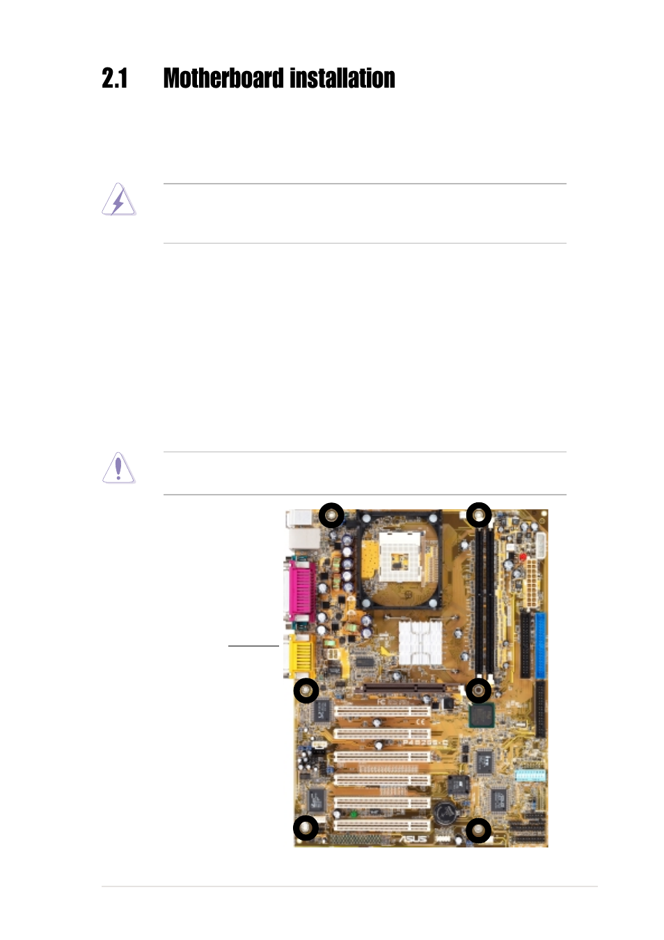 1 motherboard installation, 1 placement direction, 2 screw holes | Asus P4B266-C User Manual | Page 23 / 126