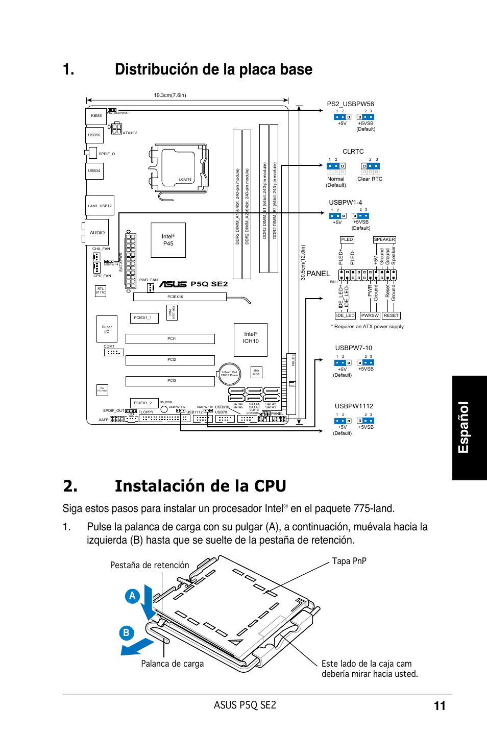 Español, Siga estos pasos para instalar un procesador intel, Asus p5q se2 | Panel, P5q se2 | Asus P5Q SE2 User Manual | Page 11 / 38