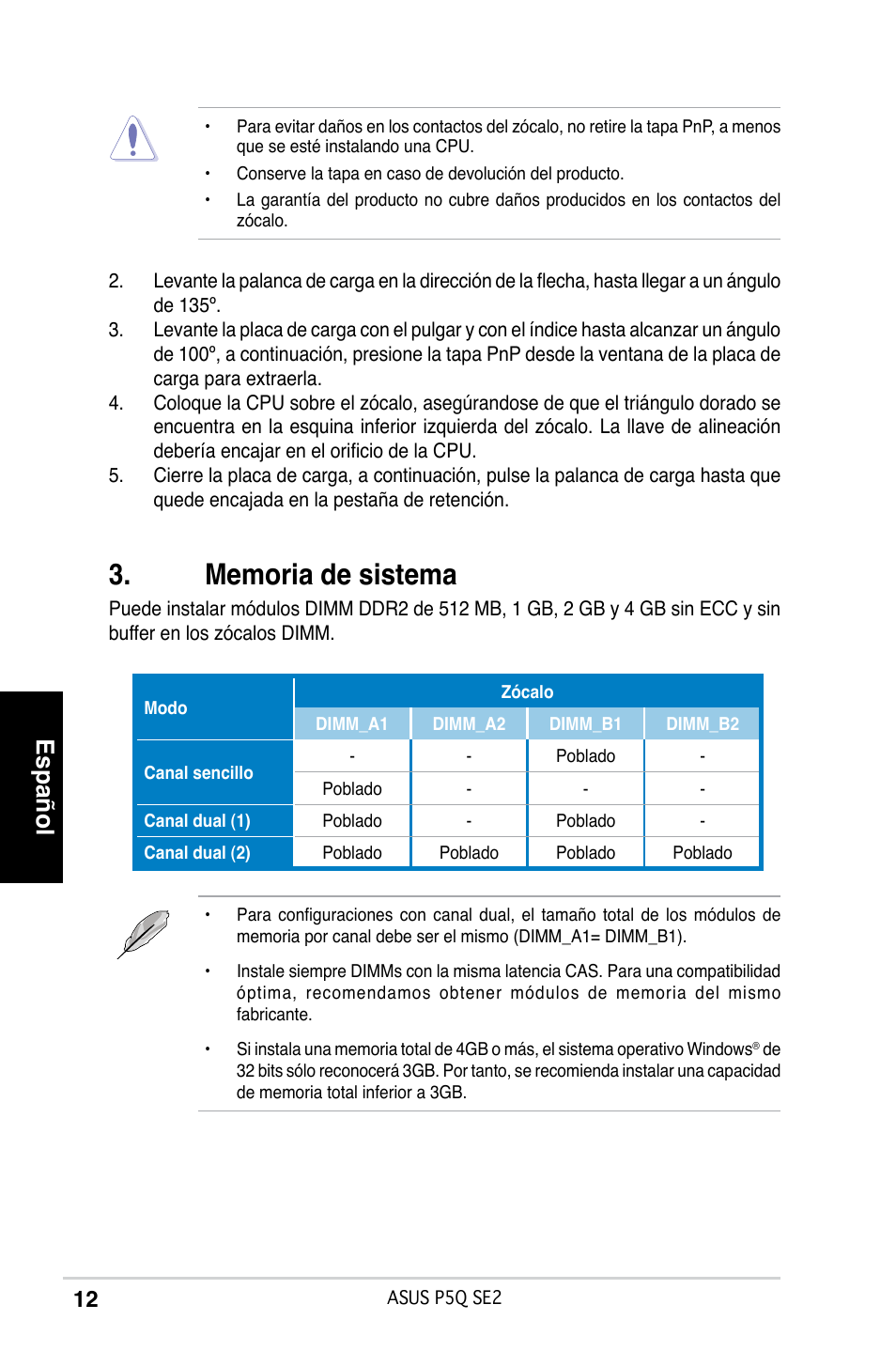 Español | Asus P5Q SE2 User Manual | Page 12 / 38