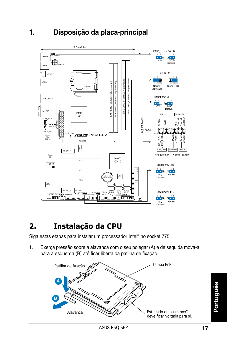 Disposição da placa-principal 2. instalação da cpu, Português, Asus p5q se2 | Panel, P5q se2 | Asus P5Q SE2 User Manual | Page 17 / 38