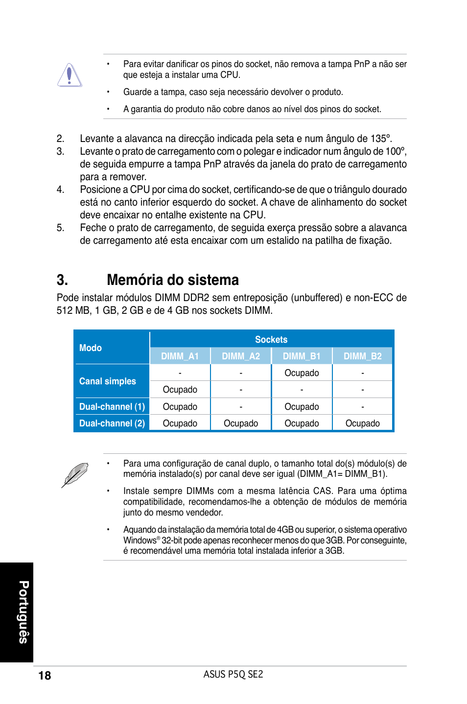 Memória do sistema, Português | Asus P5Q SE2 User Manual | Page 18 / 38