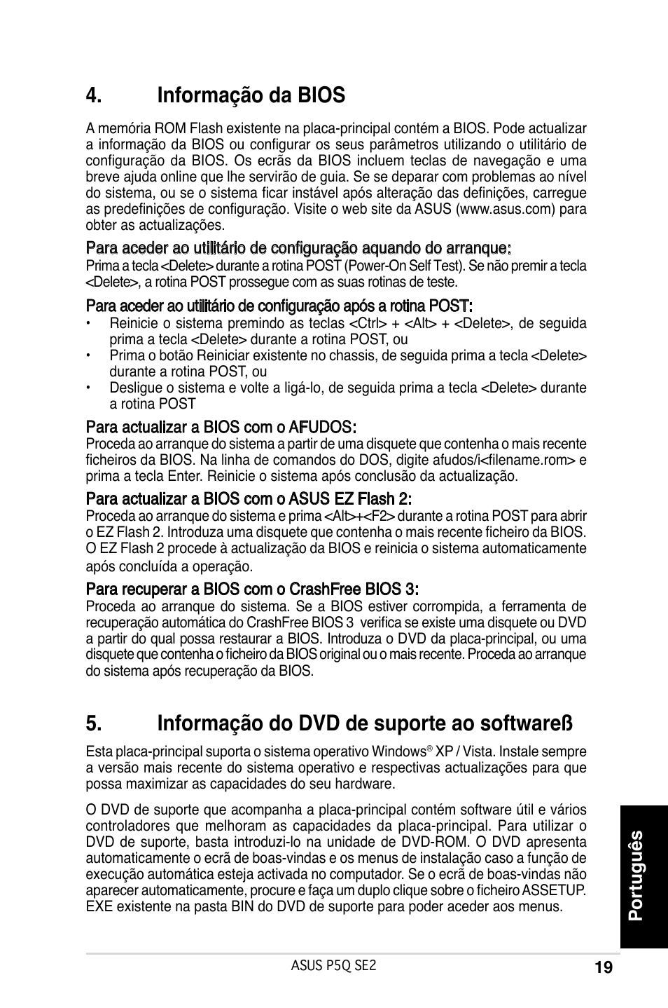 Informação da bios, Informação do dvd de suporte ao softwareß, Português | Asus P5Q SE2 User Manual | Page 19 / 38