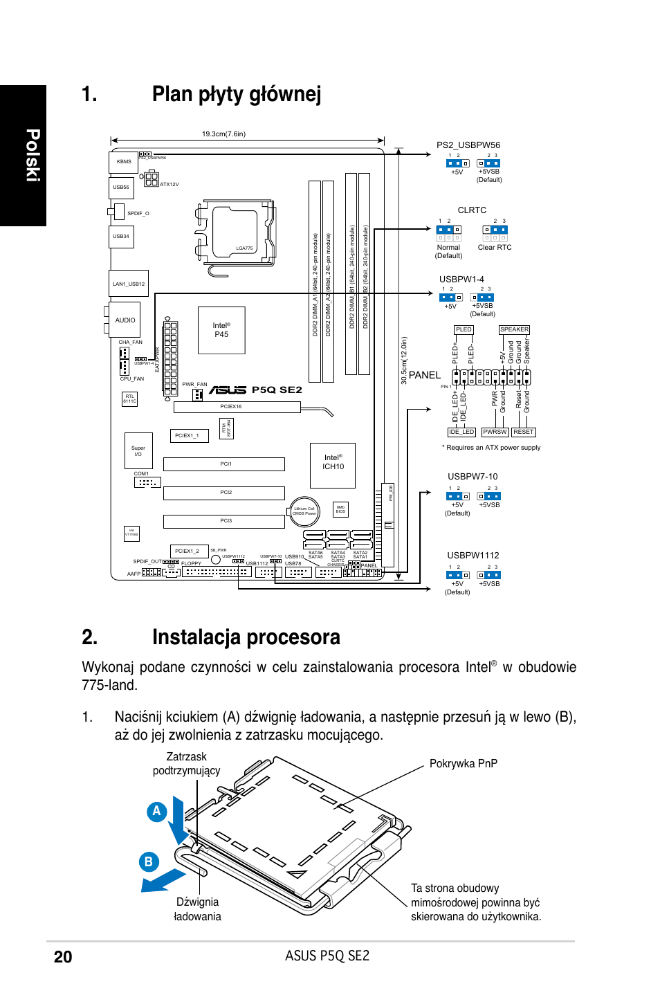 Plan płyty głównej 2. instalacja procesora, Polski, Asus p5q se2 | Panel | Asus P5Q SE2 User Manual | Page 20 / 38