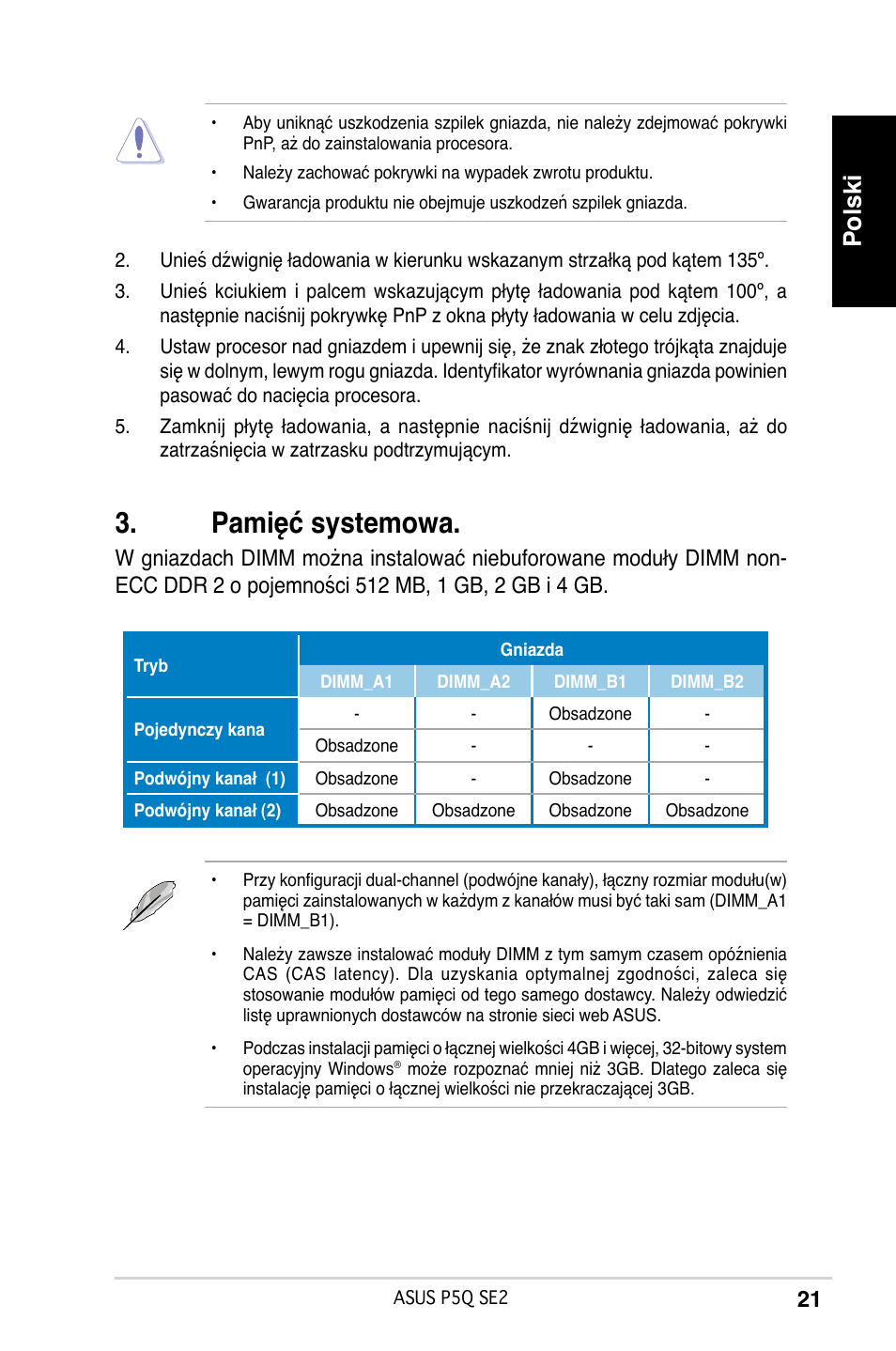 Pamięć systemowa, Polski | Asus P5Q SE2 User Manual | Page 21 / 38