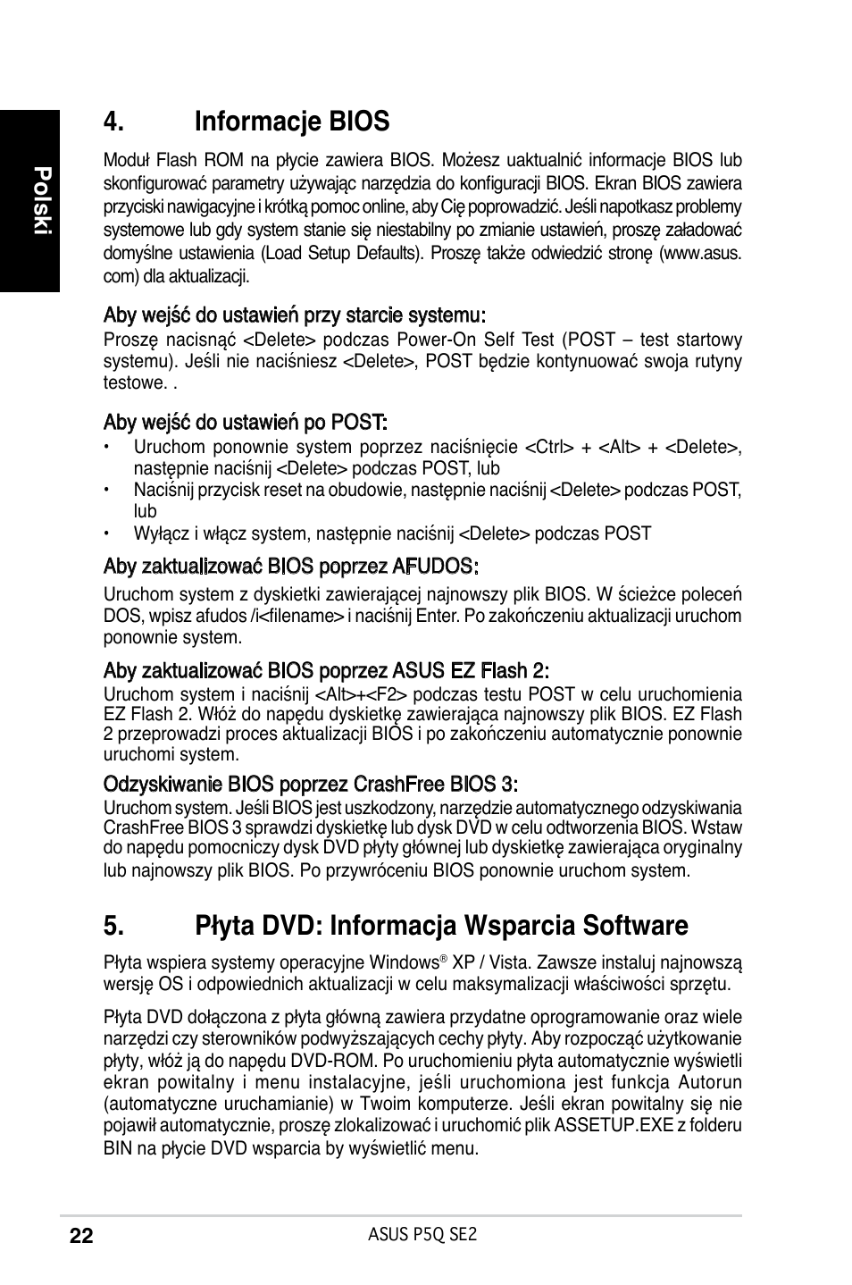 Informacje bios, Płyta dvd: informacja wsparcia software, Polski | Asus P5Q SE2 User Manual | Page 22 / 38