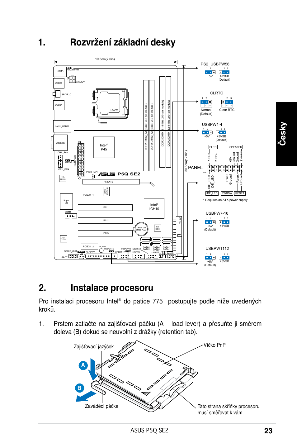 Rozvržení základní desky . instalace procesoru, Česky, Pro instalaci procesoru intel | Asus p5q se2, Panel | Asus P5Q SE2 User Manual | Page 23 / 38