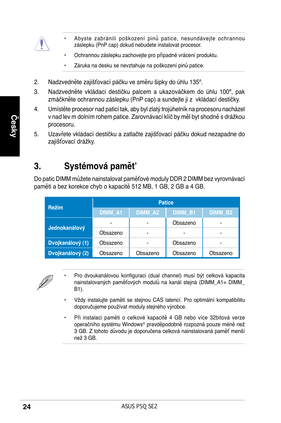 Systémová pamět, Česky | Asus P5Q SE2 User Manual | Page 24 / 38