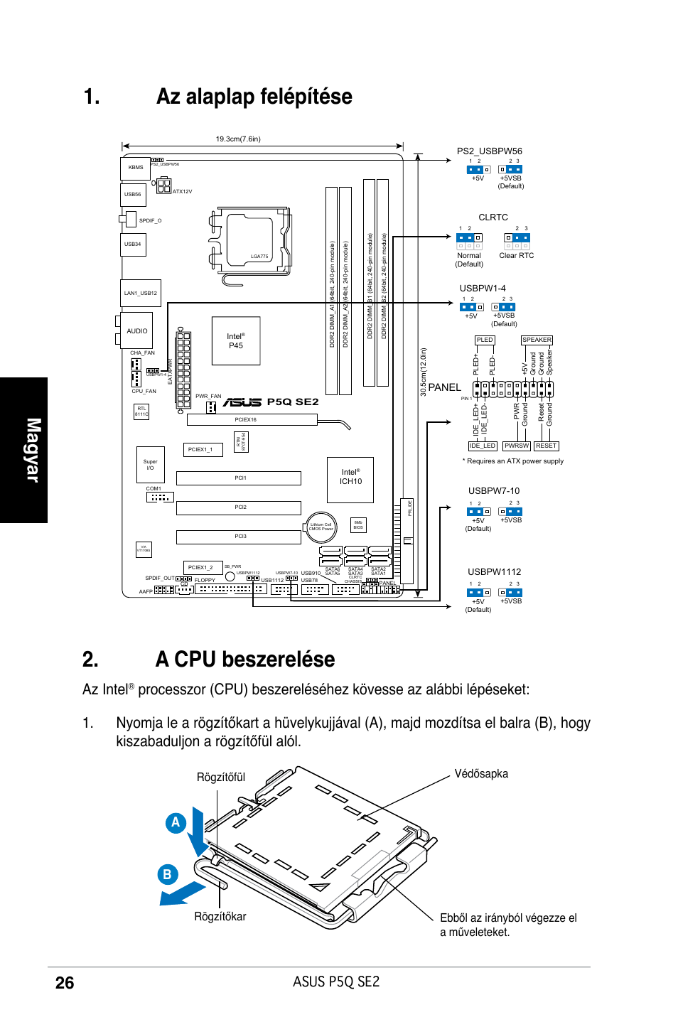 Az alaplap felépítése . a cpu beszerelése, Magyar, Az intel | Asus p5q se2, Panel, P5q se2 | Asus P5Q SE2 User Manual | Page 26 / 38