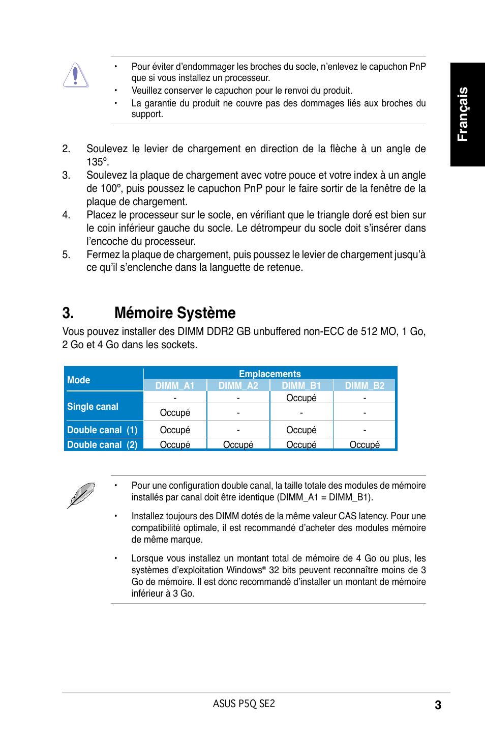 Mémoire système, Français | Asus P5Q SE2 User Manual | Page 3 / 38