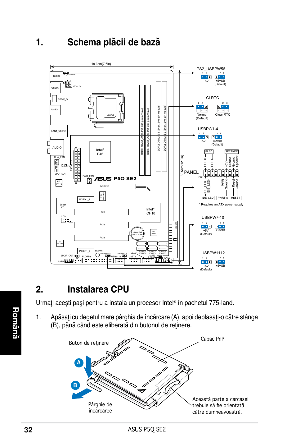 Schema plăcii de bază . instalarea cpu, Română, Asus p5q se2 | Panel | Asus P5Q SE2 User Manual | Page 32 / 38