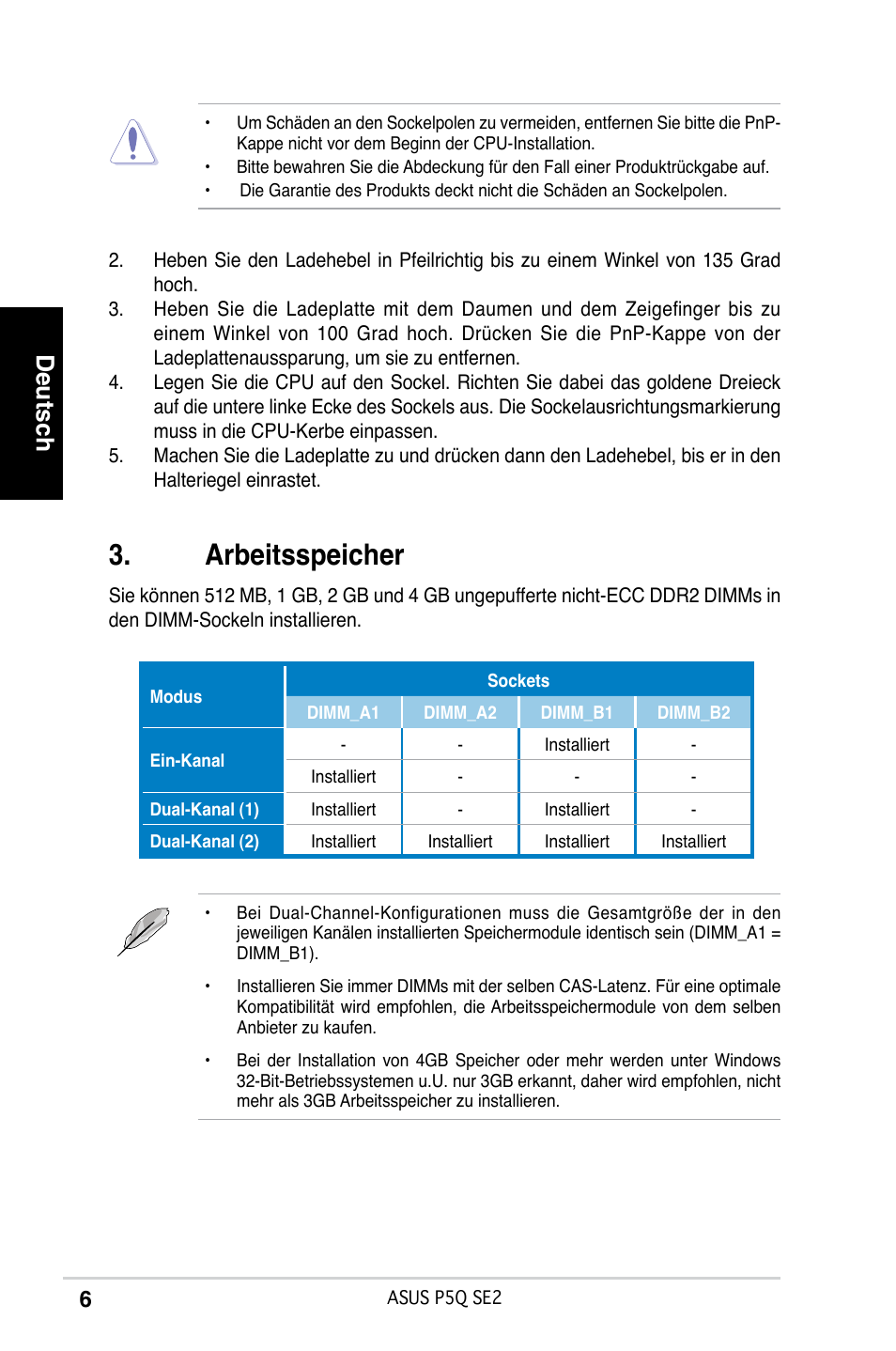 Arbeitsspeicher, Deutsch | Asus P5Q SE2 User Manual | Page 6 / 38