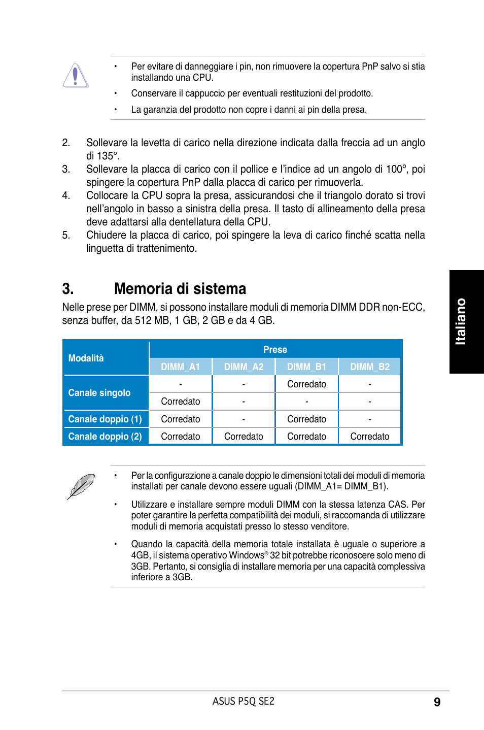 Italiano | Asus P5Q SE2 User Manual | Page 9 / 38