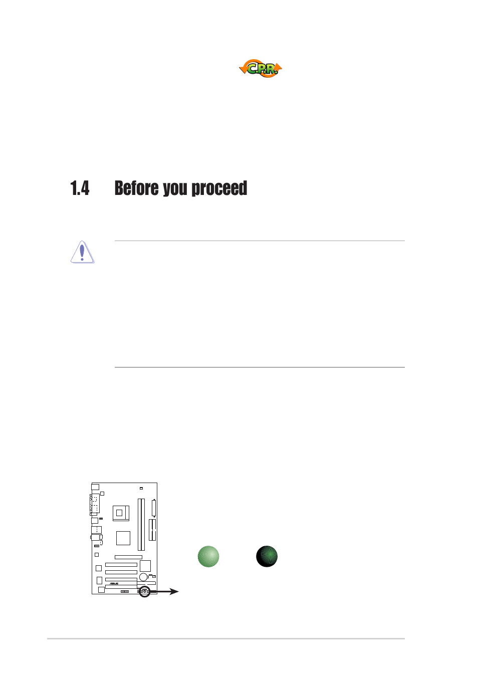 4 before you proceed, Onboard led, C.p.r. (cpu parameter recall) | 4 chapter 1: product introduction | Asus P4PE2-X User Manual | Page 14 / 64