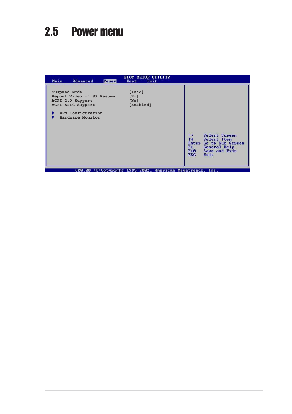 5 power menu, 1 suspend mode [auto, 2 repost video on s3 resume [no | 3 acpi 2.0 support [no, 4 acpi apic support [enabled | Asus P4PE2-X User Manual | Page 53 / 64