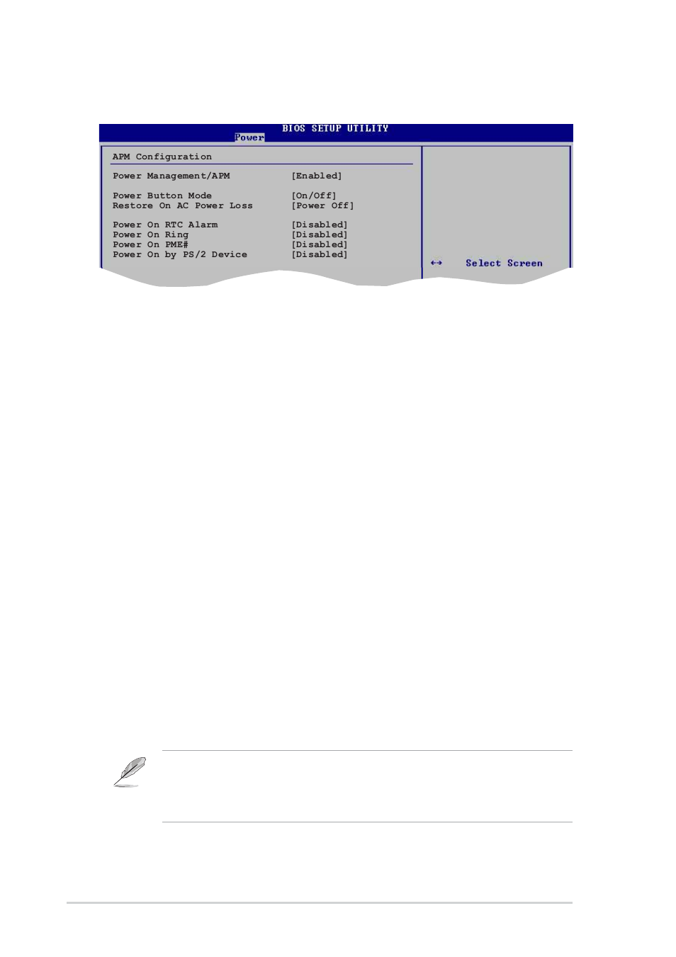 6 apm configuration, Power management/apm [enabled, Power button mode [on/off | Restore on ac power loss [power off, Power on rtc alarm [disabled, Power on ring [disabled, 22 chapter 2: bios setup | Asus P4PE2-X User Manual | Page 54 / 64