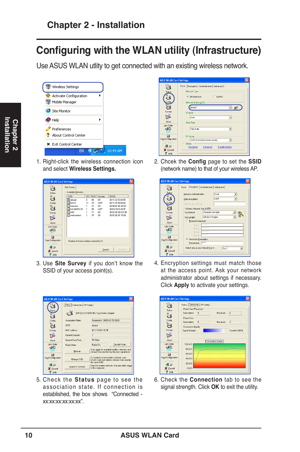 Conﬁguring with the wlan utility (infrastructure), Chapter 2 - installation | Asus WL-169gE User Manual | Page 10 / 40