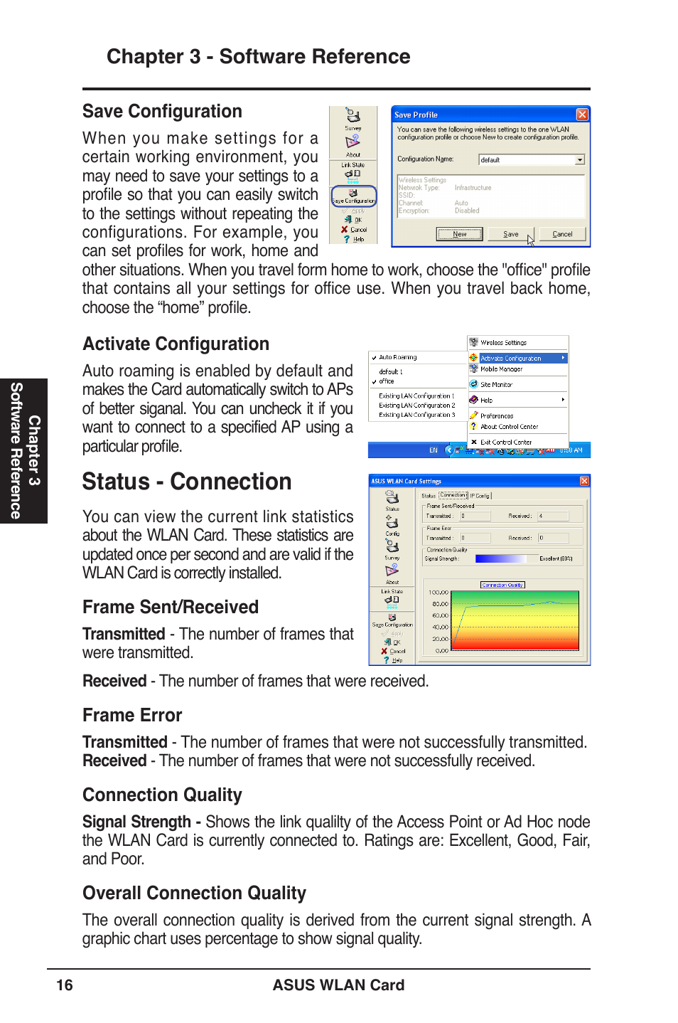 Status - connection, Chapter 3 - software reference | Asus WL-169gE User Manual | Page 16 / 40