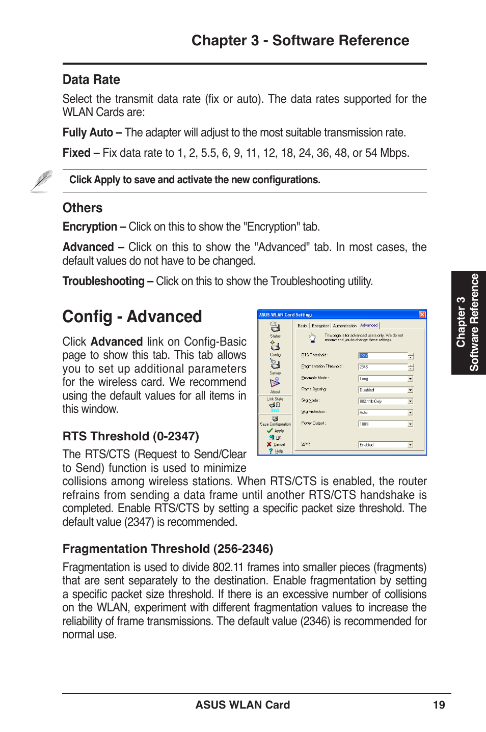 Conﬁg - advanced, Chapter 3 - software reference | Asus WL-169gE User Manual | Page 19 / 40