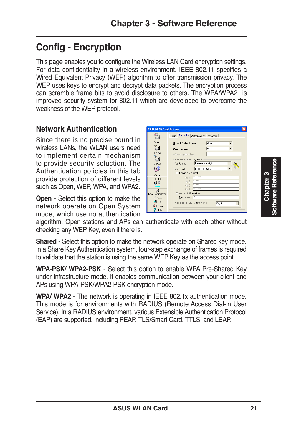 Conﬁg - encryption, Chapter 3 - software reference | Asus WL-169gE User Manual | Page 21 / 40
