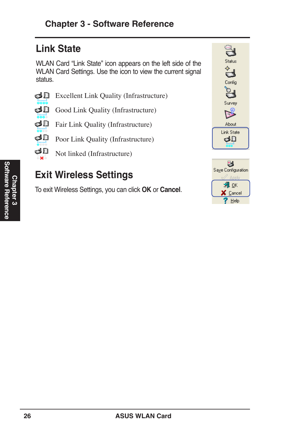 Link state, Exit wireless settings, Chapter 3 - software reference | Asus WL-169gE User Manual | Page 26 / 40