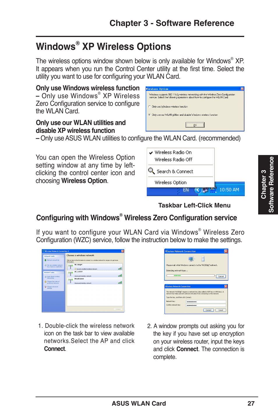 Windows, Xp wireless options, Chapter 3 - software reference | Conﬁguring with windows, Wireless zero conﬁguration service | Asus WL-169gE User Manual | Page 27 / 40