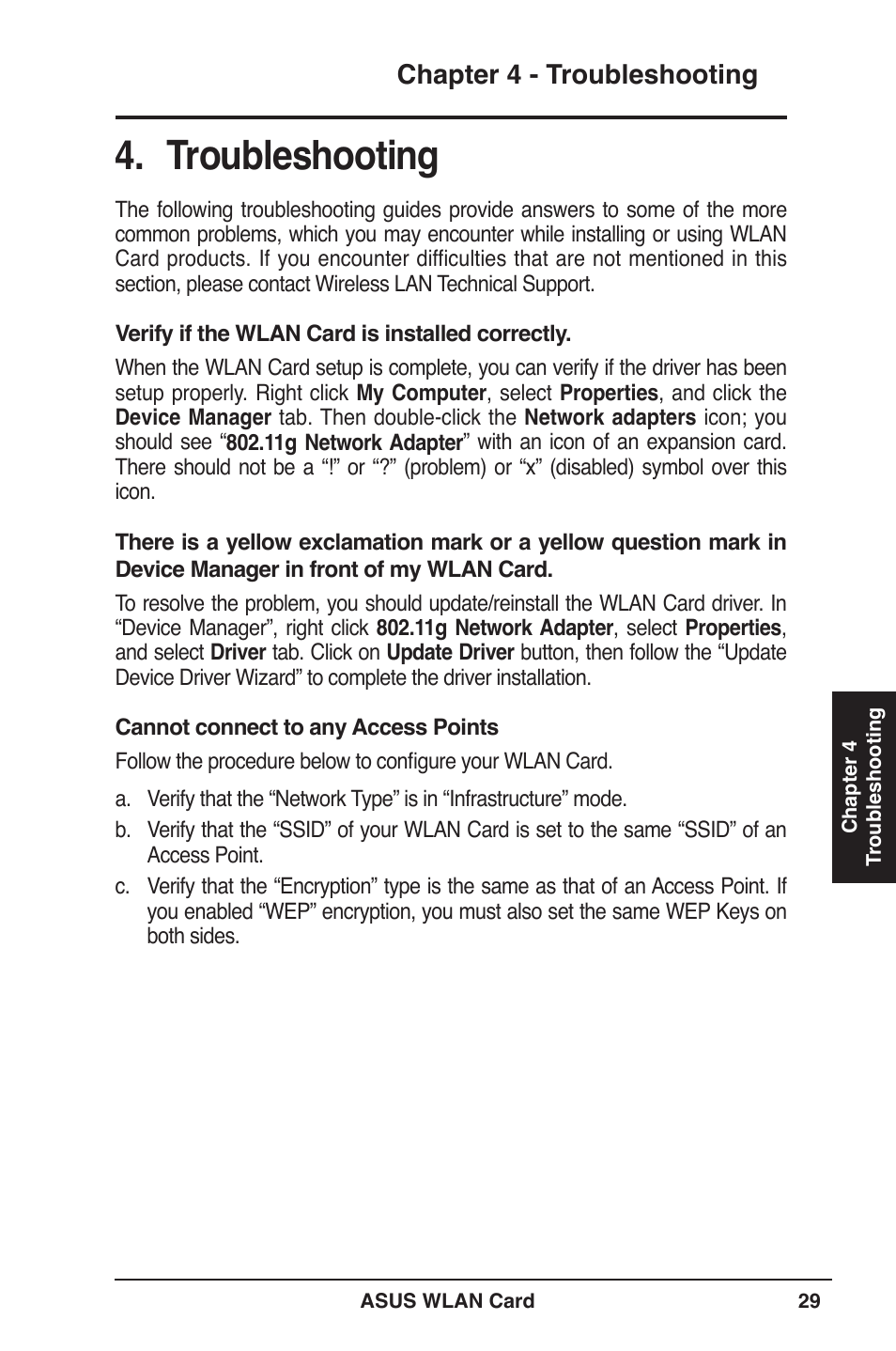 Troubleshooting, Chapter 4 - troubleshooting | Asus WL-169gE User Manual | Page 29 / 40