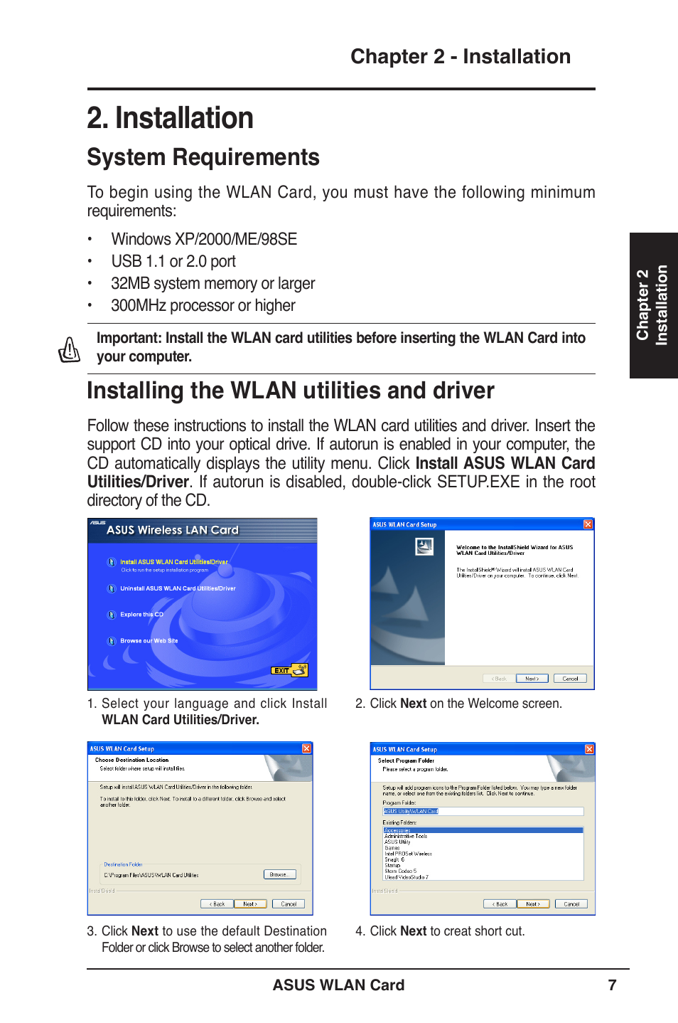 Installation, System requirements, Installing the wlan utilities and driver | Chapter 2 - installation | Asus WL-169gE User Manual | Page 7 / 40