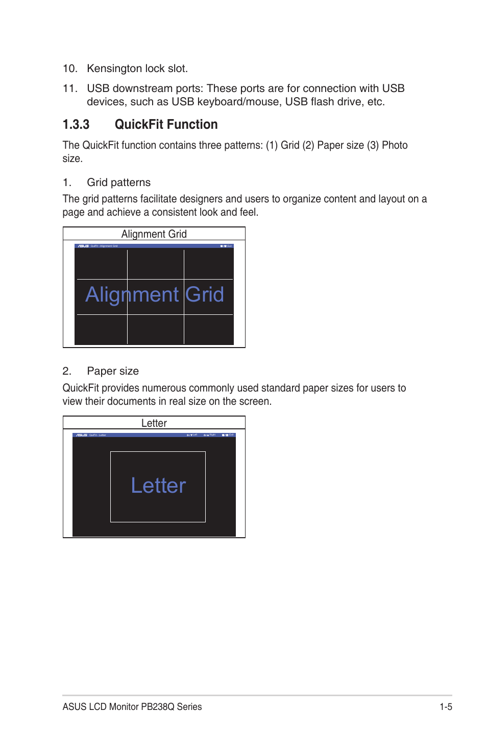 Quickfit function -5, Letter, Alignment grid | 3 quickfit function | Asus PB238Q User Manual | Page 11 / 25