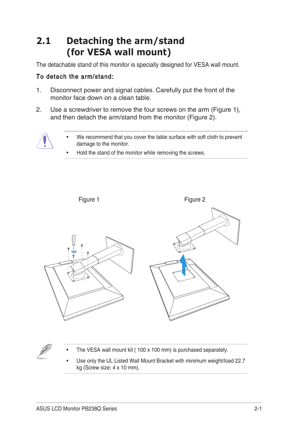 Detaching the arm/stand, For vesa wall mount) -1, 1 detaching the arm/stand (for vesa wall mount) | Asus PB238Q User Manual | Page 13 / 25