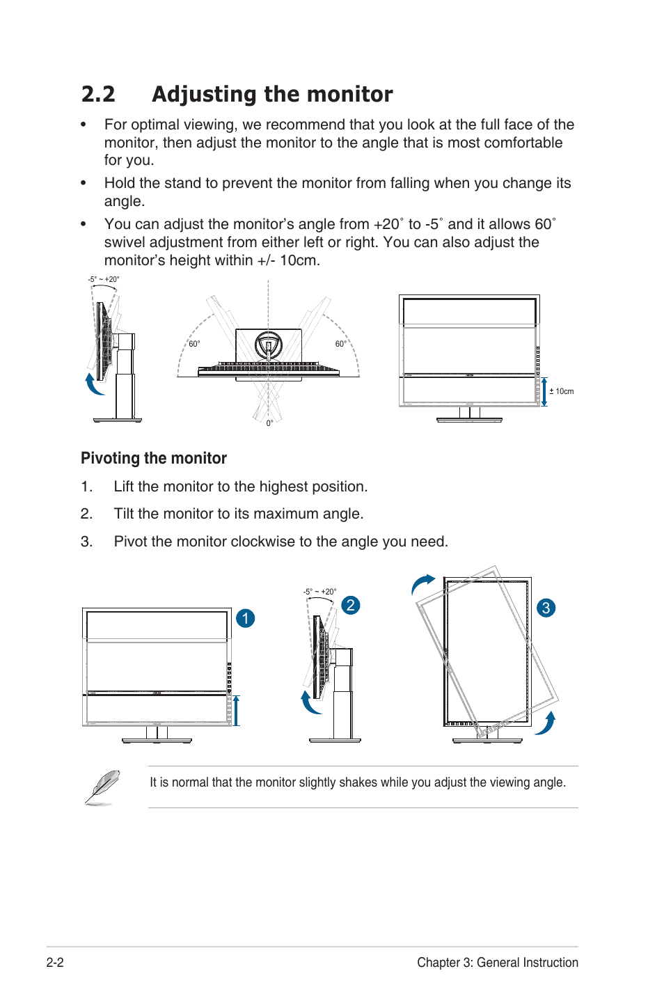 Adjusting the monitor -2, 2 adjusting the monitor, Pivoting the monitor | Asus PB238Q User Manual | Page 14 / 25