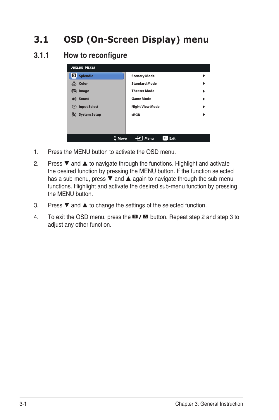 Osd (on-screen display) menu -1 3.1.1, How to reconfigure -1, 1 osd (on-screen display) menu | 1 how to reconfigure | Asus PB238Q User Manual | Page 16 / 25