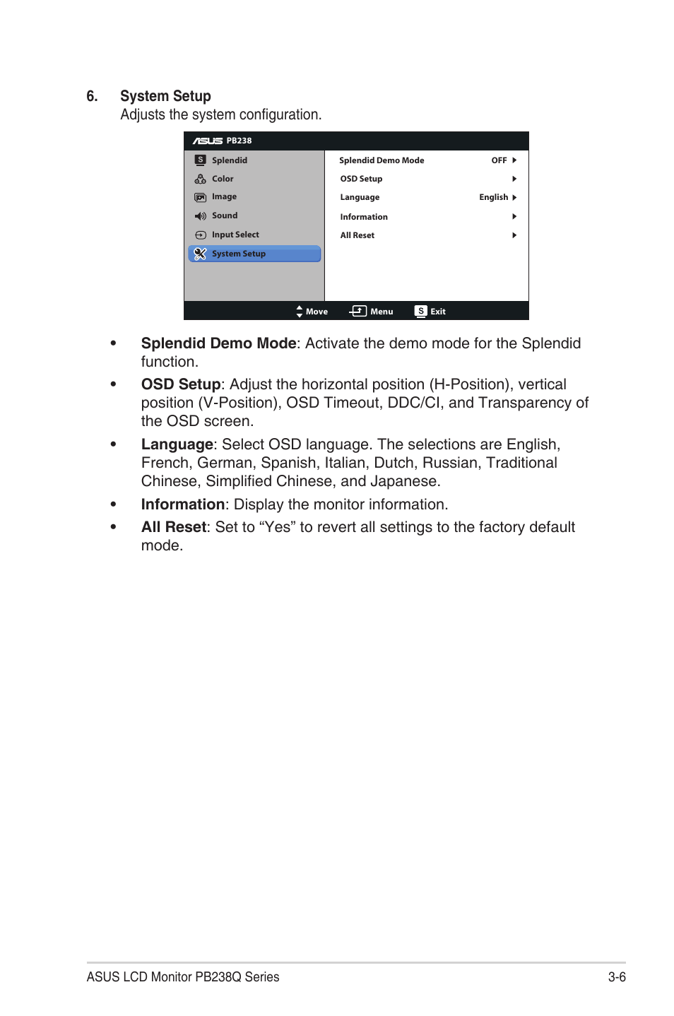 System setup adjusts the system configuration | Asus PB238Q User Manual | Page 21 / 25