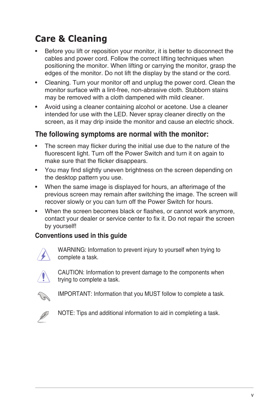 Care & cleaning, The following symptoms are normal with the monitor | Asus PB238Q User Manual | Page 5 / 25