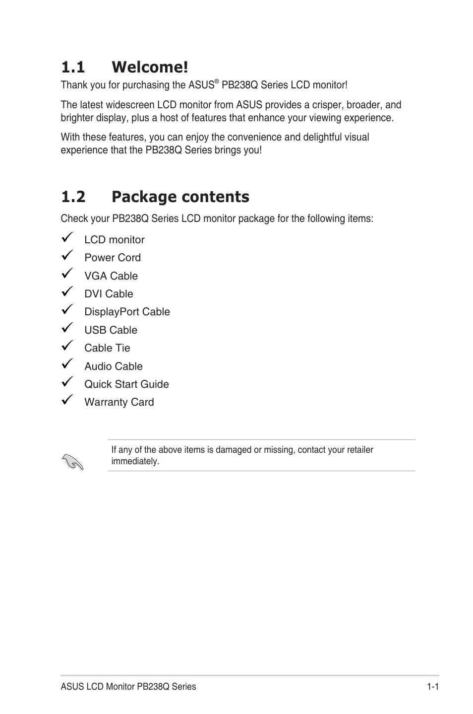 1 welcome! -1 1.2, Package contents -1, 1 welcome | 2 package contents | Asus PB238Q User Manual | Page 7 / 25