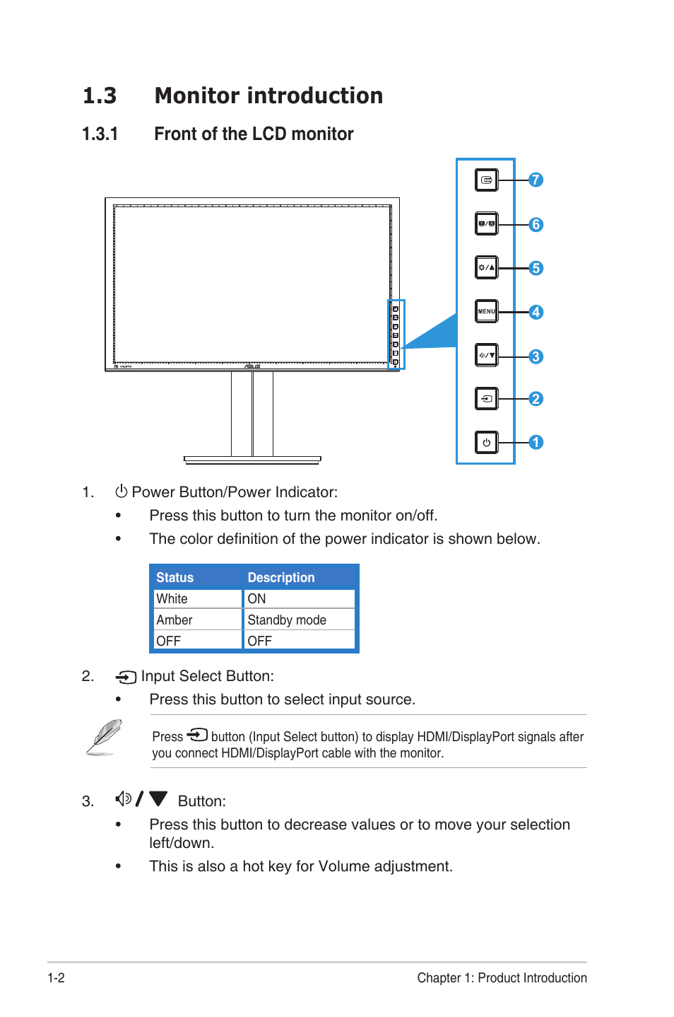 Monitor introduction -2 1.3.1, Front of the lcd monitor -2, 3 monitor introduction | 1 front of the lcd monitor | Asus PB238Q User Manual | Page 8 / 25