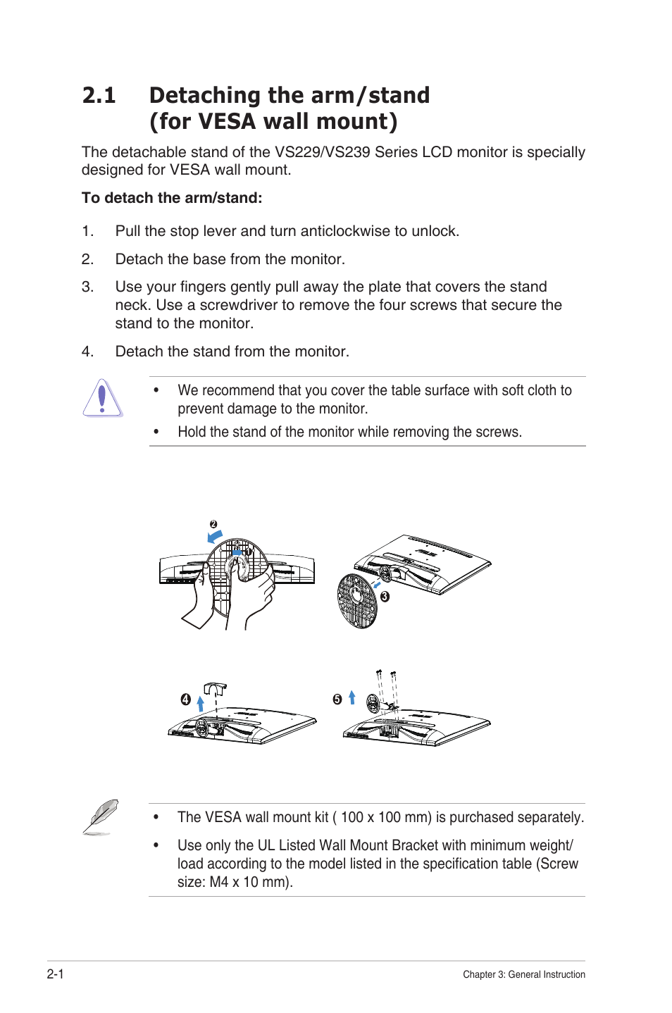1 detaching the arm/stand (for vesa wall mount), Detaching the arm/stand, For vesa wall mount) -1 | 1 detaching the arm/stand (for vesa wall mount) | Asus VS239HV User Manual | Page 14 / 23
