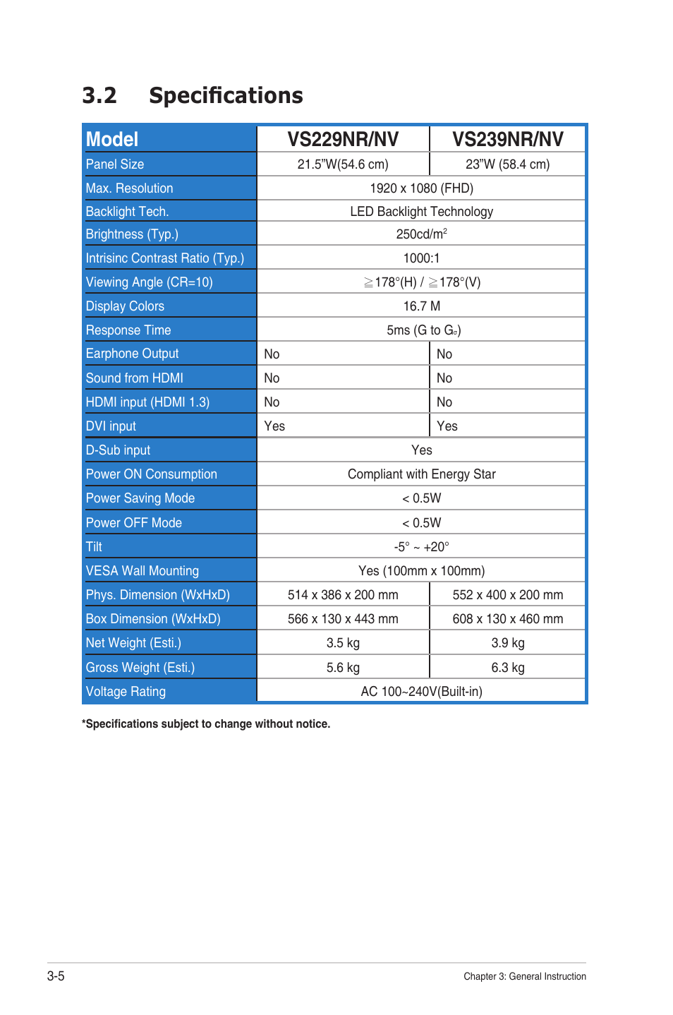 2 specifications, Specifications -5 | Asus VS239HV User Manual | Page 20 / 23