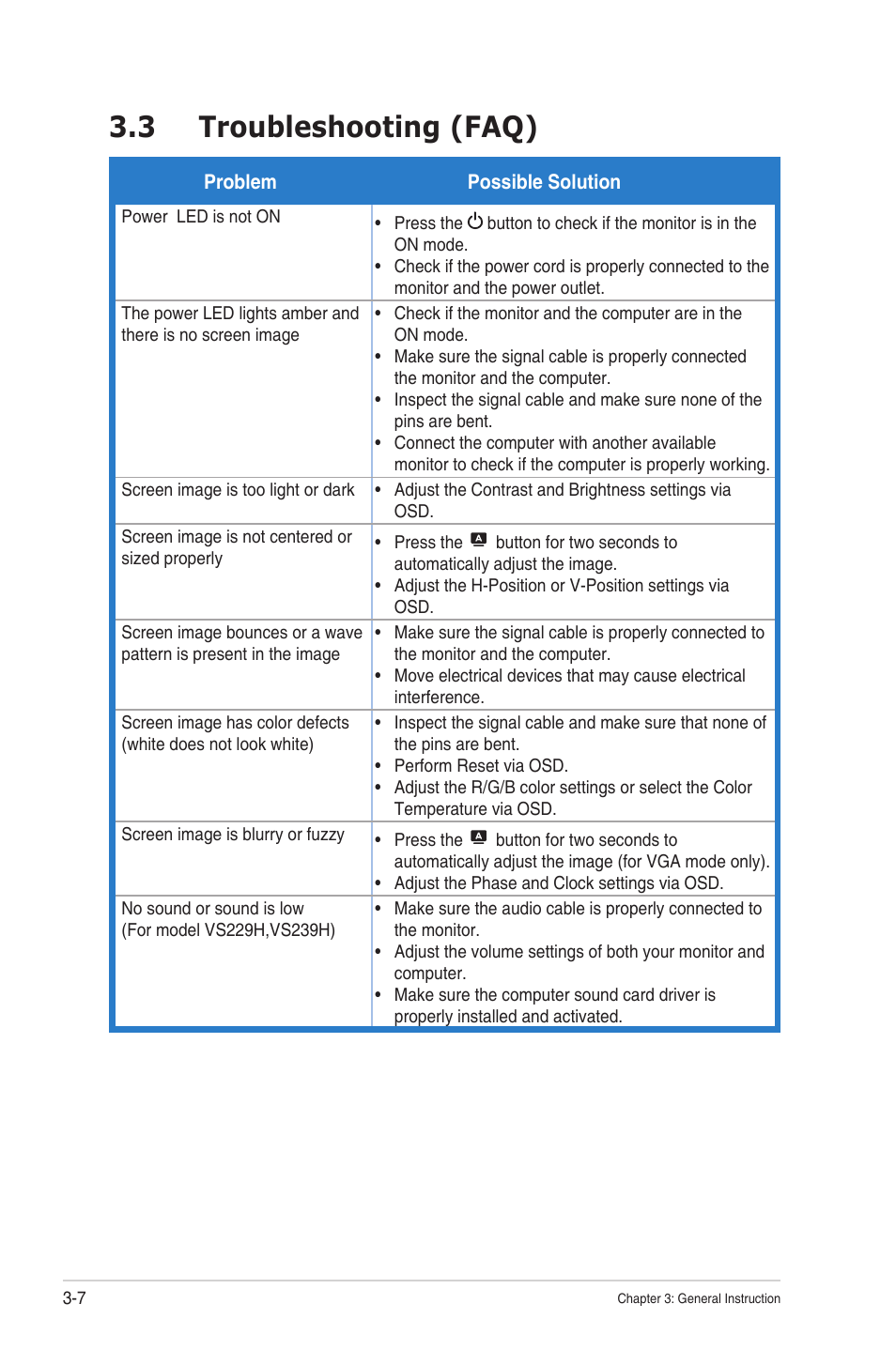3 troubleshooting (faq), Troubleshooting (faq) -7 | Asus VS239HV User Manual | Page 22 / 23