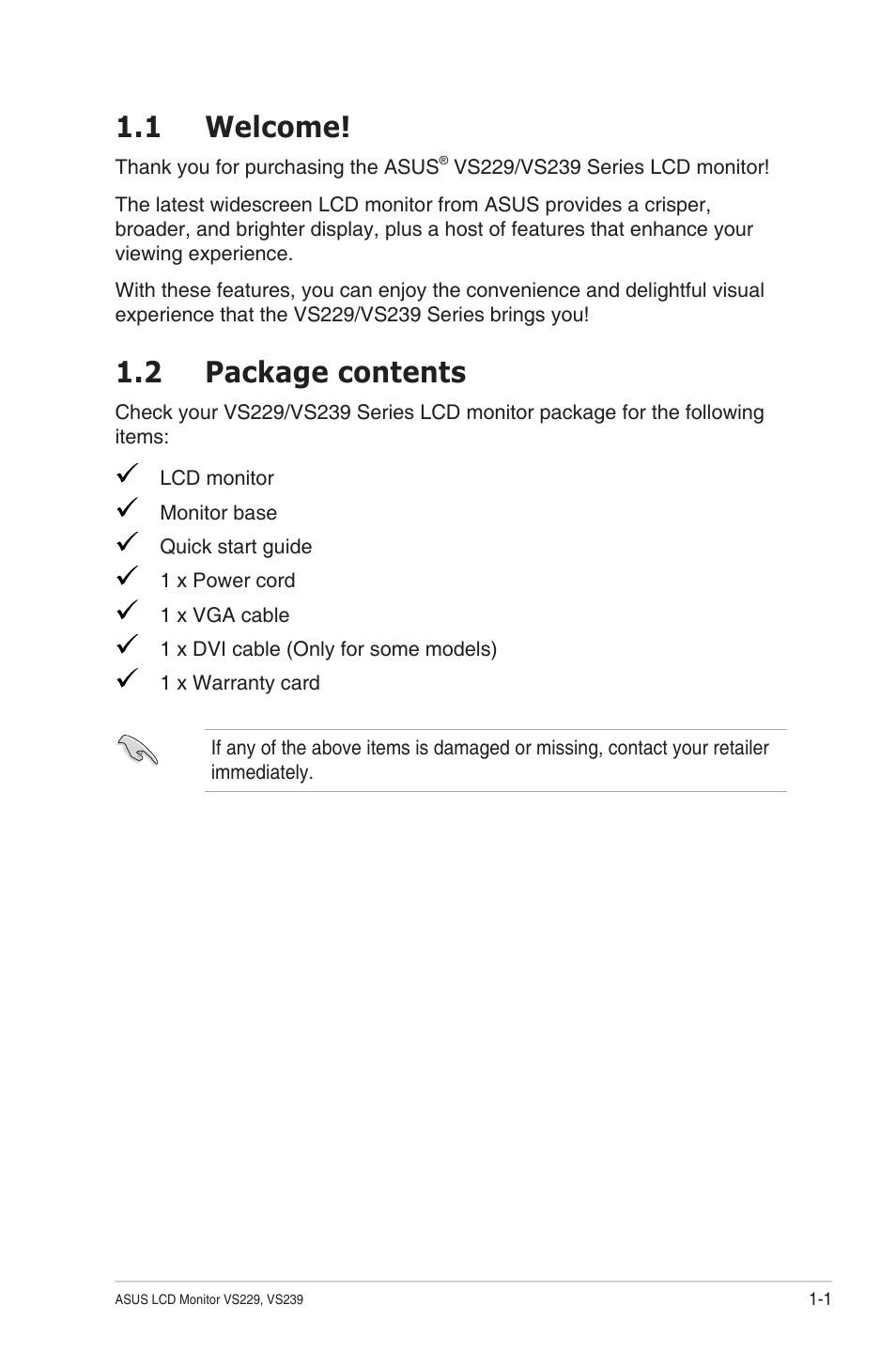 1 welcome, 2 package contents, 1 welcome! -1 1.2 | Package contents -1 | Asus VS239HV User Manual | Page 7 / 23