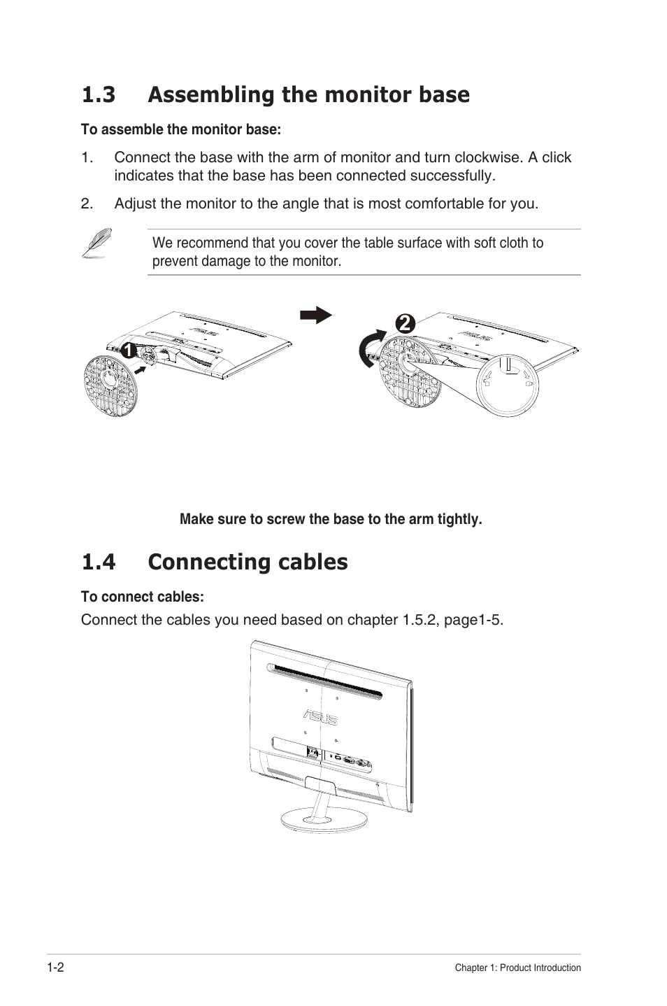 3 assembling the monitor base, 4 connecting cables, Assembling the monitor base -2 | Connecting cables -2 | Asus VS239HV User Manual | Page 8 / 23